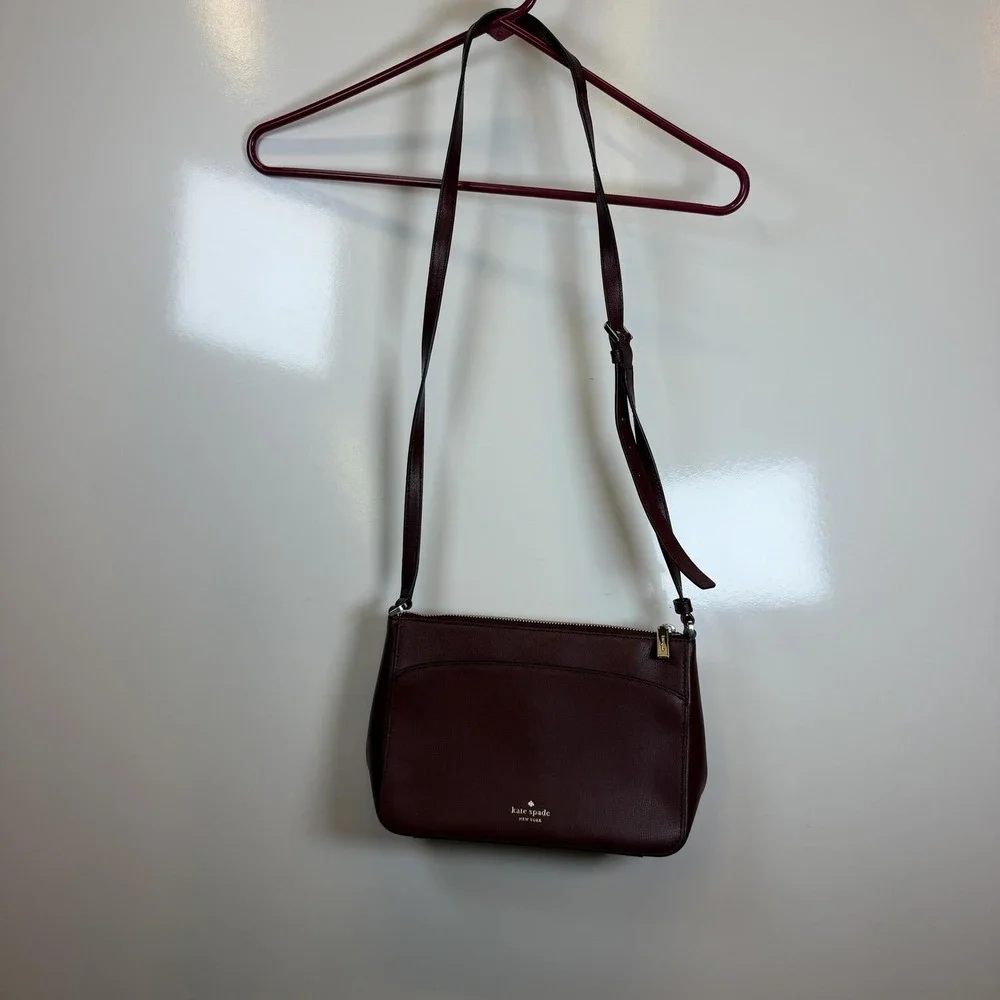 Kate Spade Crossbody Bag Womens Small Burgundy Leather Zip Purse Gold Hardware